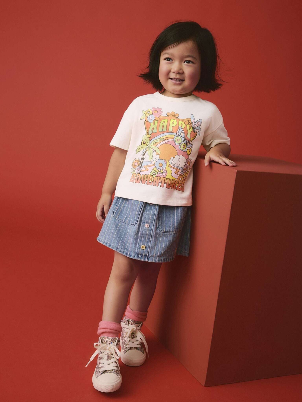 Футболка и джинсовая юбка в комплекте для девочки Next E87-054, Синий, Кремовый