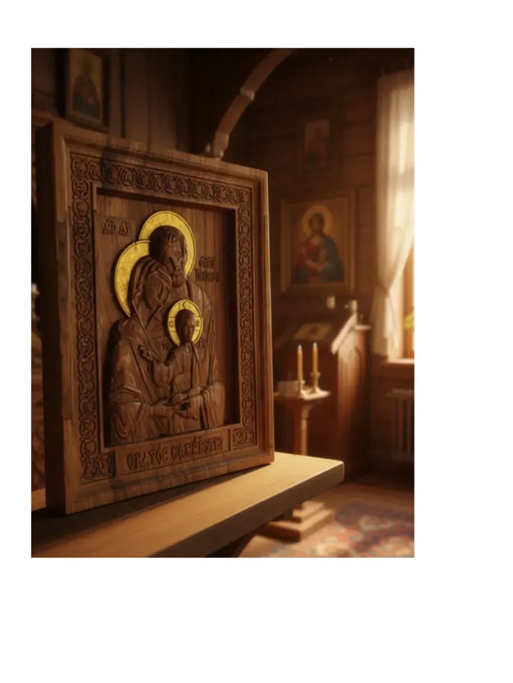 Освященная Икона - панно «Святое семейство» резная из дуба