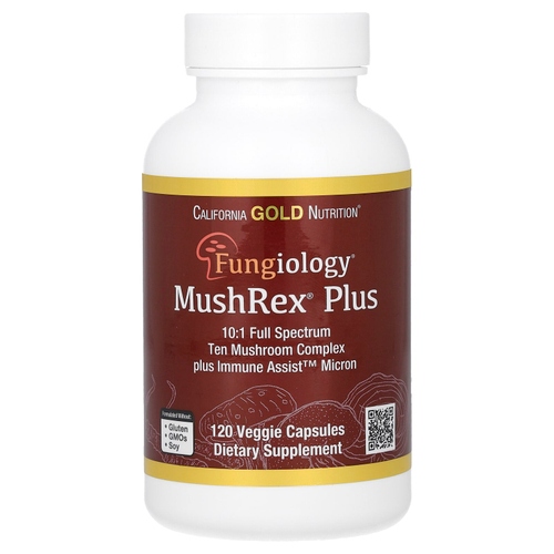 California Gold Nutrition, Fungiology, MushRex Plus, комплекс из 10 грибов полного спектра с агариком, чагой, кордицепсом и ежовиком гребенчатым, 120 капсул Plantcaps