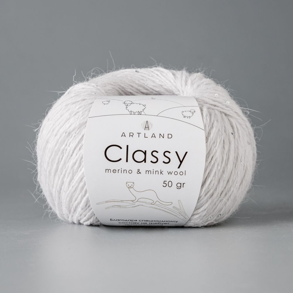Classy, пряжа с люрексом и пайетками, шелк-5%, мериносовая шерсть-20%, нейлон-30%, норка-45%, 50 гр, 240 м, жемчуг
