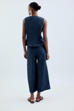 ZARA ЛЬНЯНЫЕ БРЮКИ-КЮЛОТЫ, ИНДИГО