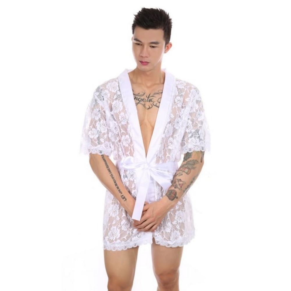 Мужской халат кружевной белый Romeo Rossi 9093-1