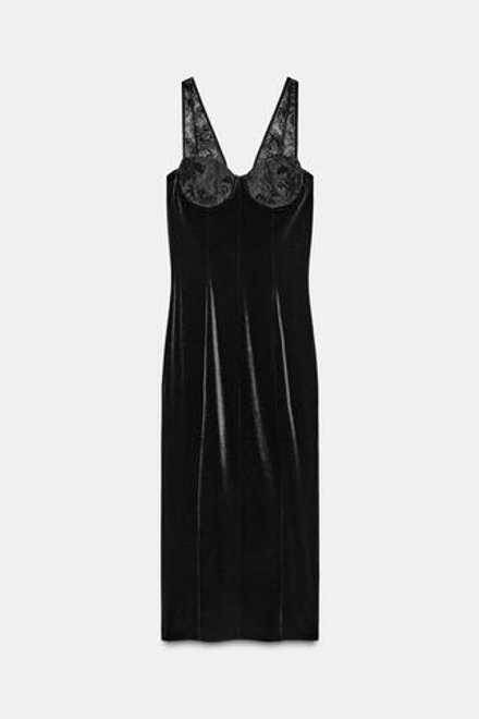 ZARA БАРХАТНОЕ ПЛАТЬЕ МИДИ С КРУЖЕВОМ, ЧЕРНЫЙ