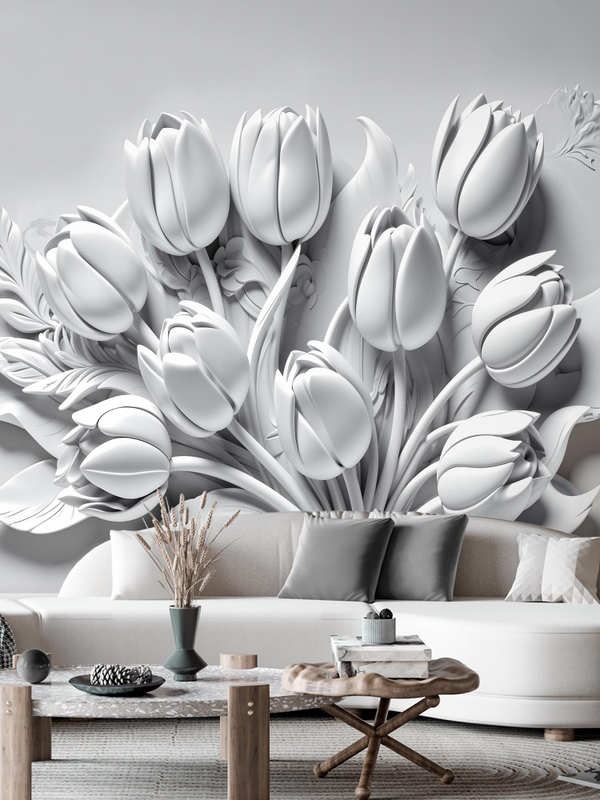 3D Объемные фотообои букет цветов серые