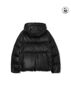 Пуховик из эко-кожи с капюшоном