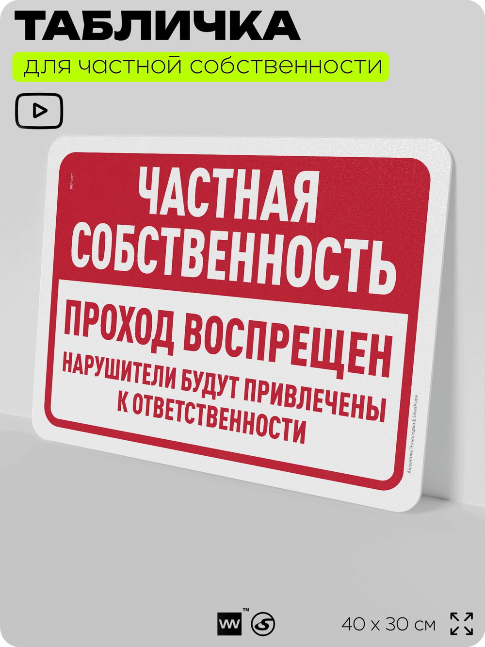 Табличка для частной территории "Частная собственность, проход воспрещен", на дом, для участка, организаций, предупреждающая, 40х30 см, Silver Plane x Айдентика Технолоджи