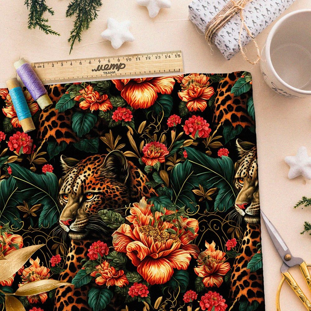 Ткань габардин  пантера в цветах