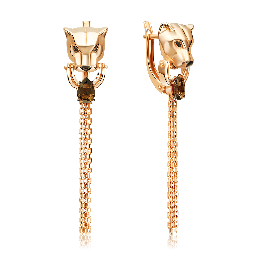 Серьги «Пантеры» с английским замком из красного золота с кварцем дымчатым