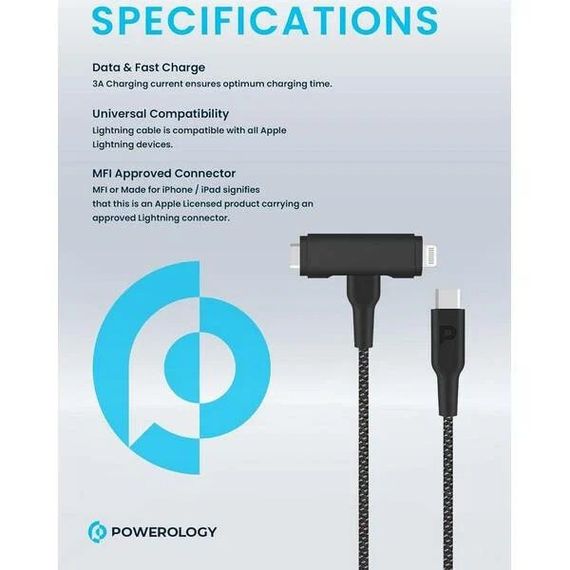 Кабель Powerology USB-C to USB-C + Lightning PD60W (PCAB007WH) White