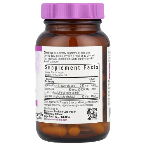 Bluebonnet Nutrition, витамины C, D3 и цинк, 50 растительных капсул