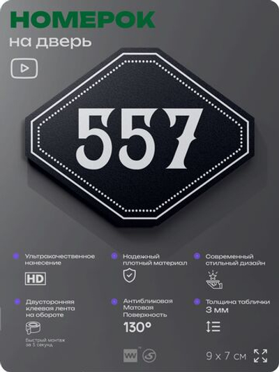 Номерок на дверь квартиры 557, для кабинета, офиса, шильдик 9 х 7 см, черный, Айдентика Технолоджи