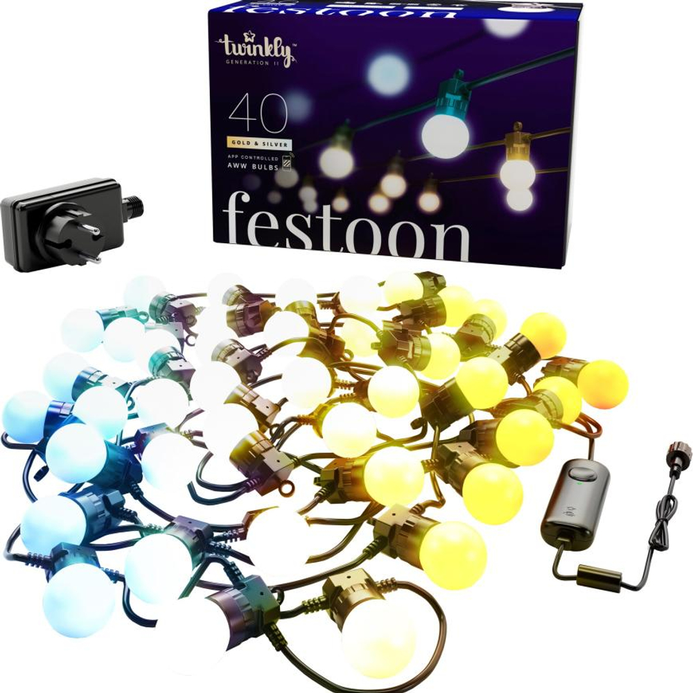 Умная гирлянда ретро «Фестон» Twinkly Festoon, Gold + Silver (10 м, 20 лампочек G45) Generation II
