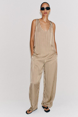 ZARA БРЮКИ BALLOON В ПОЛОСКУ ZW COLLECTION, ЭКРЮ/ГРАНАТОВЫЙ