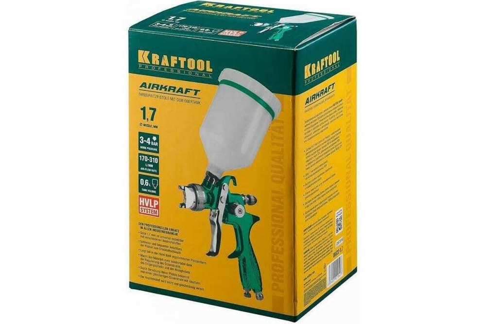 Пневматический краскопульт KRAFTOOL AirKraft HVLP с верхним бачком, 1.7мм 06522-1.7
