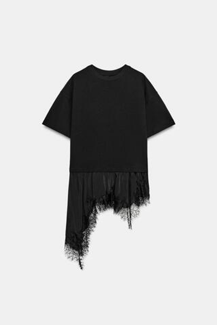ZARA ФУТБОЛКА С КРУЖЕВНОЙ ОТДЕЛКОЙ, ЧЕРНЫЙ