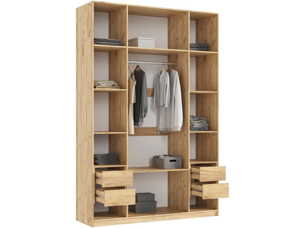 Шкаф для одежды распашной с полками и штангой 3 створки Браш Вайт/Дуб Крафт 120х 51х 240 см