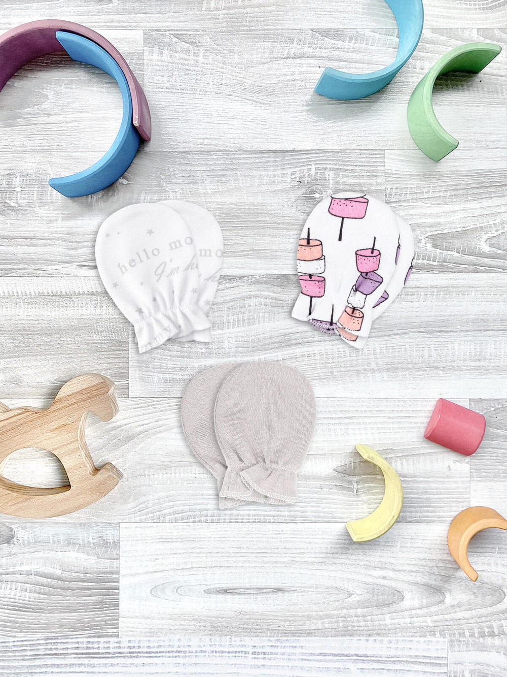 Рукавички-антицарапки Mjölk Маршмэллоу/Hello Mommy/White Sand, сет из 3х пар