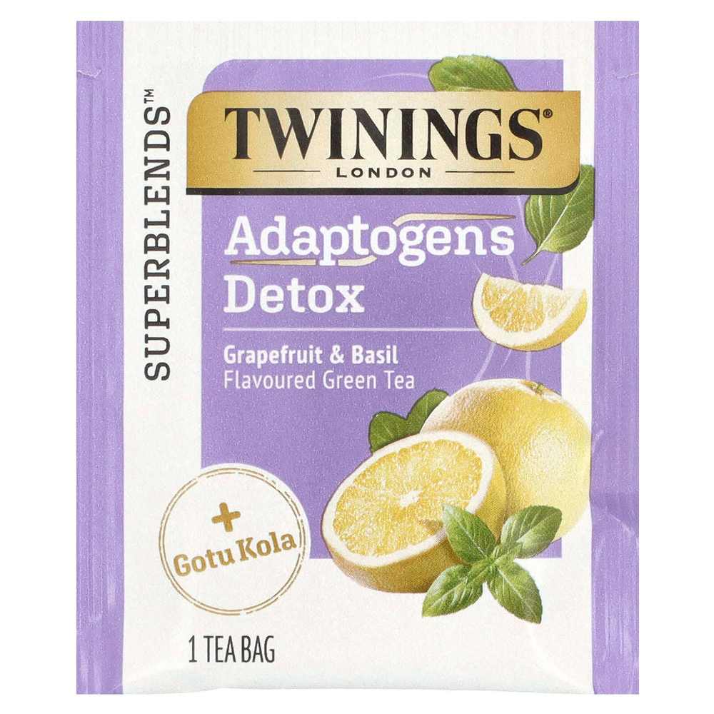 Twinings, Detox, адаптогены, зеленый чай со вкусом грейпфрута и базилика, 18 чайных пакетиков, 36 г (1,27 унции)