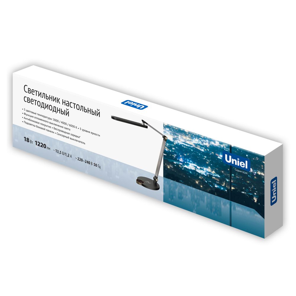 ULM-D113 18W/3000-6000K/DIM BLACK Светильник настольный светодиодный с беспроводной зарядкой телефонов. Сенсорный выключатель. Диммер. Черный. TM Unie