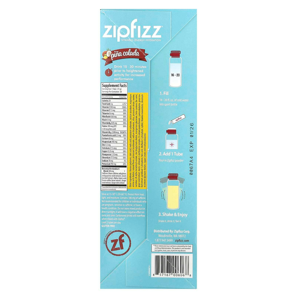 Zipfizz, Пина колада, 20 тюбиков по 11 г (0,39 унции)