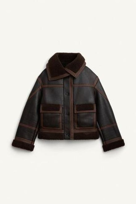 ZARA КУРТКА-ДУБЛЕНКА С КОНТРАСТНЫМ ВОРОТНИКОМ, ШОКОЛАДНЫЙ