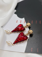 Серьги в форме "Сердца" красные с подвесками из натурального жемчуга