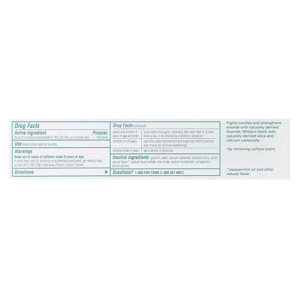 Tom's of Maine, Whole Care®, натуральная зубная паста от кариеса с фтором, перечная мята, 113 г (4 унции)