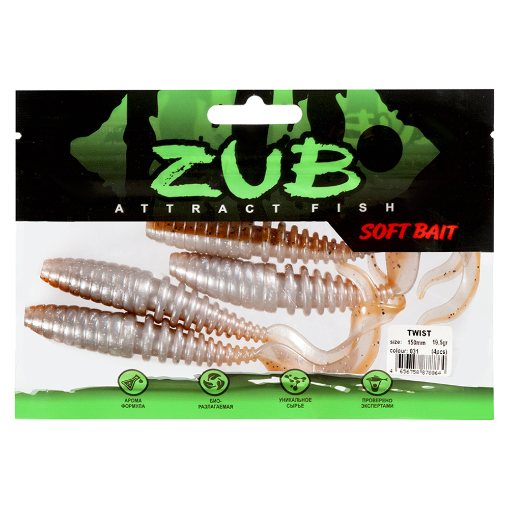 Приманка ZUB-TWIST 150мм(5,9")-4шт, (цвет 031) карамель верх-натурал низ