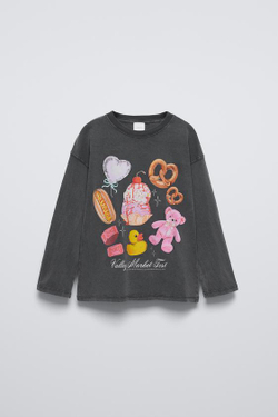 ZARA ФУТБОЛКА С ПРИНТОМ, АНТРАЦИТОВО-СЕРЫЙ