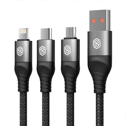 Кабель 3 в 1 в тканевой оплетке черного цвета от Nillkin с разъемами Type C, Lightning и Micro USB, серия Swift Pro, длина 1,5м