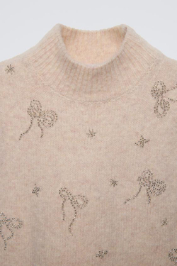 ZARA ТРИКОТАЖНЫЙ ЖИЛЕТ С БИСЕРОМ, СЛОНОВАЯ КОСТЬ