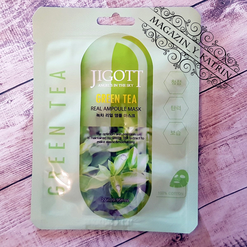 Jigott. Успокаивающая тканевая маска для лица с зелёным чаем Real Ampoule Mask Green Tea