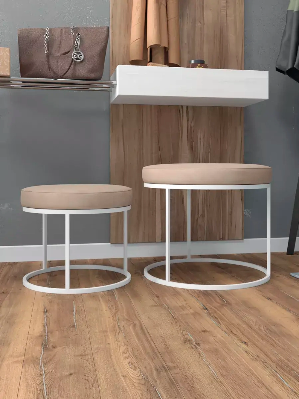 Комплект круглых банкеток - ББЕЖ - бежевое на белом