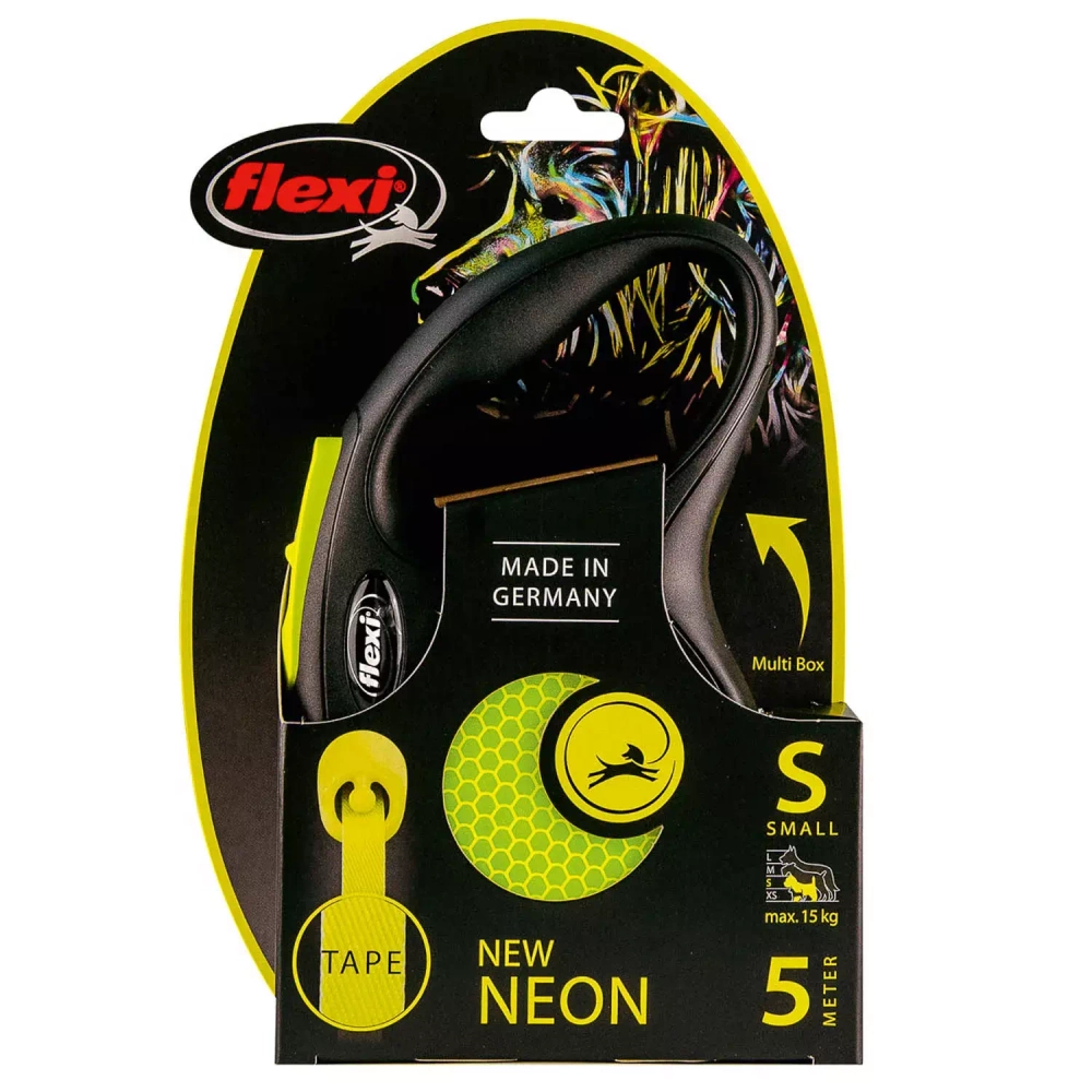 Поводок-рулетка Flexi Neon New Classic  S (до 15 кг) лента 5 м, светоотражающая, желтый неон
