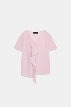 ZARA ТРИКОТАЖНЫЙ ТОП С ВОЛАНАМИ, ЦВЕТ РОЗОВОГО ДЕРЕВА