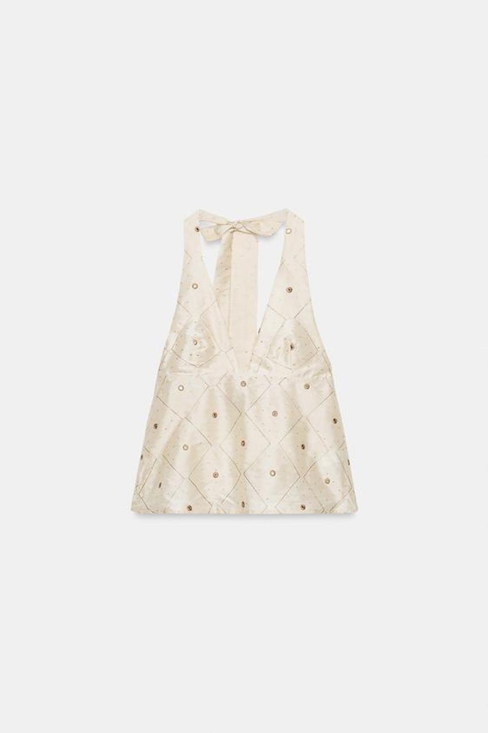 ZARA ТОП ИЗ ТАФТЫ С ВЫШИВКОЙ И ЗЕРКАЛАМИ, КРЕМОВЫЙ