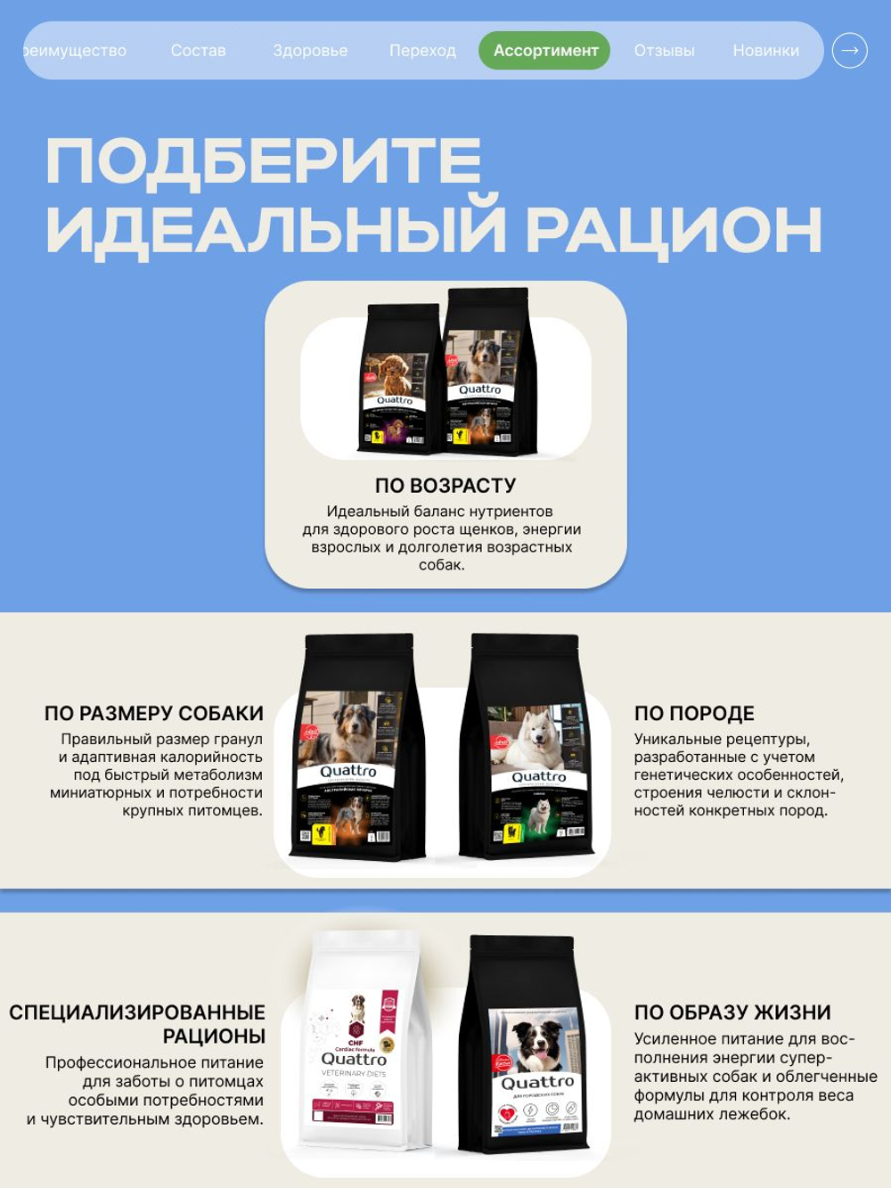 Корм сухой для взрослых собак породы Акита-ину, с ягненком, 2.5 кг, QUATTRO