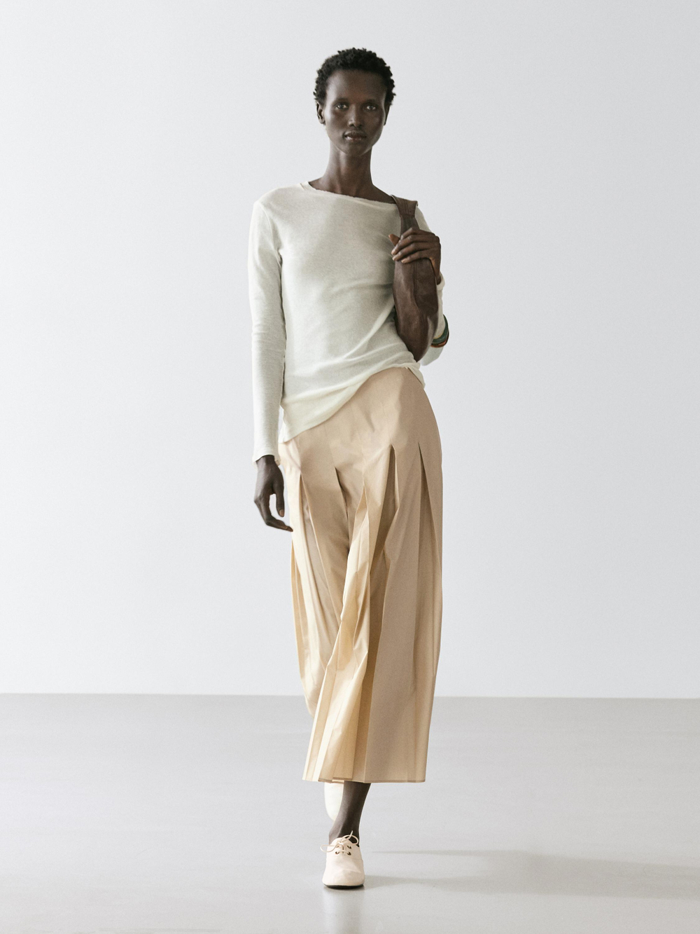 Massimo Dutti Хлопковая юбка миди со складками, песочный