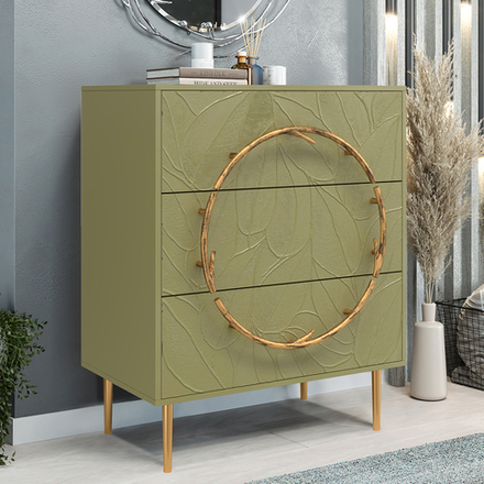 Комод Арт Колор leaves Стайл Голд с 3 ящиками Зеленая олива
