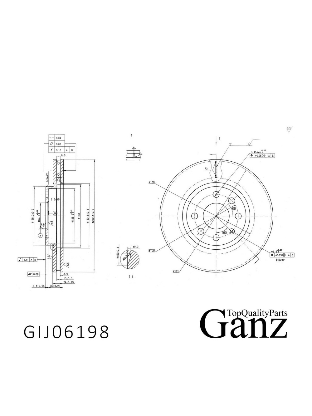 Диск тормозной передний с покрытием OPEL COSTRA/COMBO/MERIVA GANZ GIJ06198