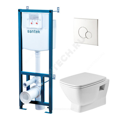 Комплект 4 в 1 инсталляция + кнопка смыва хром + унитаз подвесной сиденье дюропласт микролифт Нео Rimless Santek 1.WH50.1.572