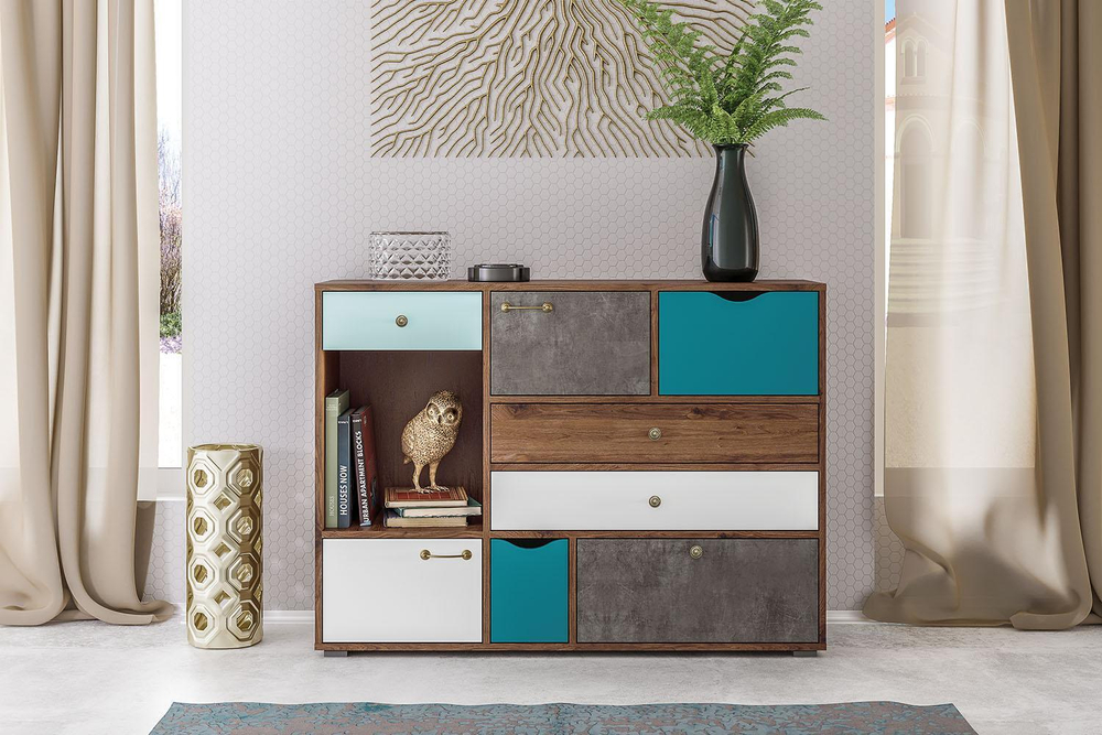 Комод Вайс 10.104, Морское дерево Винтаж, Камень Темный, Бензин, Белый премиум