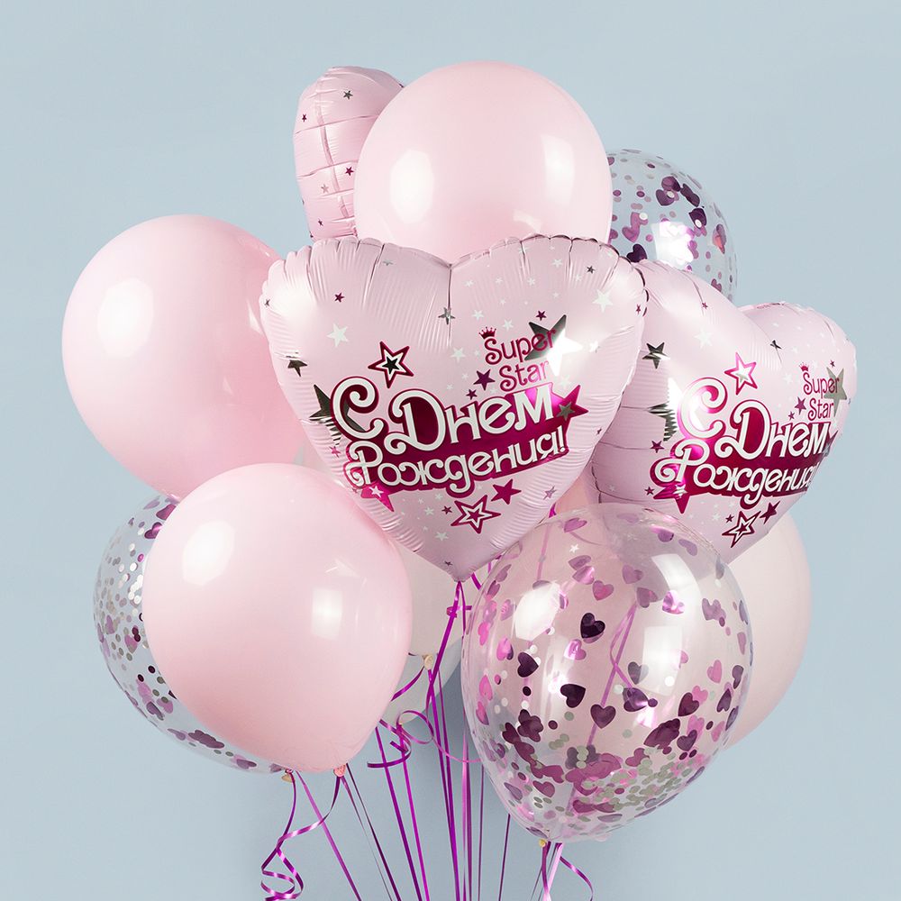 Розовые шарики с сердечками в подарок девочке