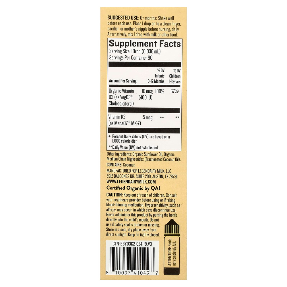 Legendairy Milk, органические капли с витаминами D3 и K2, для детей от 0 месяцев, 3,24 мл (0,1 жидк. унции)
