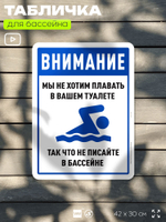 Табличка прикольная для бассейна "Внимание, мы не хотим плавать в вашем туалете, так что не писайте в бассейне", 40х30 см, Silver Plane x Айдентика Технолоджи