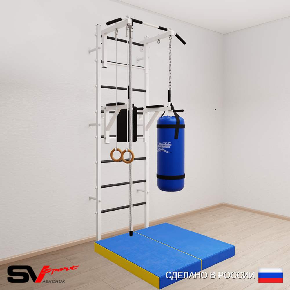 Шведская стенка Sv Sport усиленная 6746 (Турник стандарт/Брусья/Канат/Кольца/Цепь/Мешок 22кг/Мат 1м)