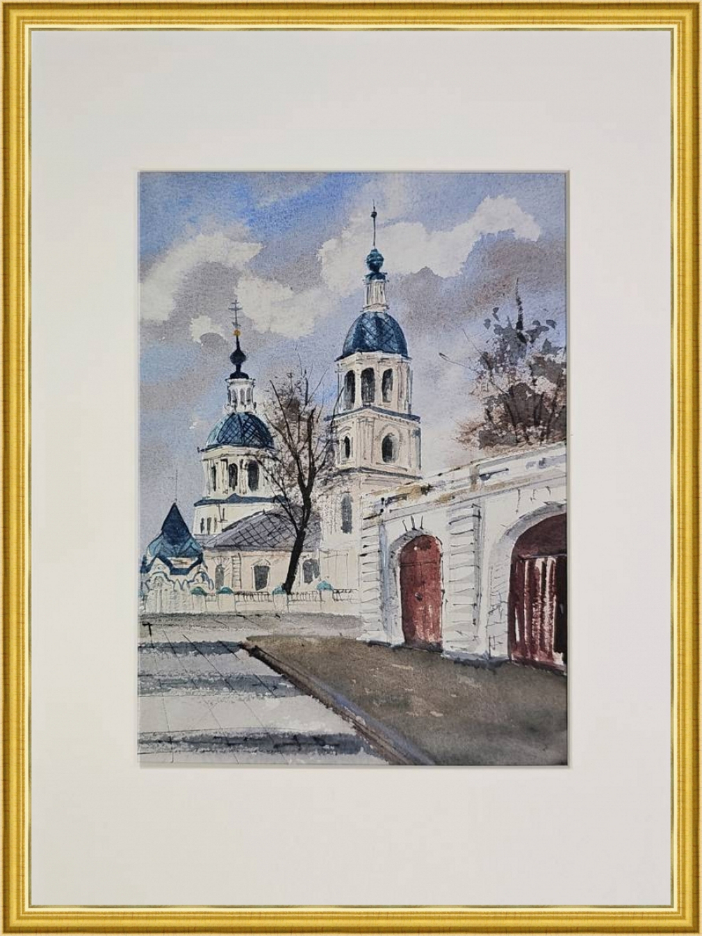 Картина авторская акварельная в паспарту 21х30 см на стену для интерьера "Зарайск. Храм Святой Троицы"