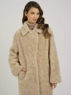 Шуба чебурашка длинная из овечьей шерсти, бежевая, SilverFox