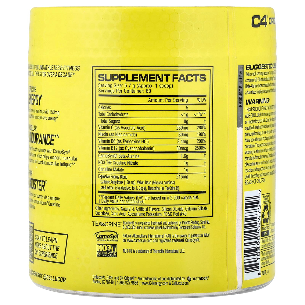 C4 / Cellucor, C4® Original, предтренировочный комплекс, со вкусом клубничной маргариты, 342 г (12,1 унции)