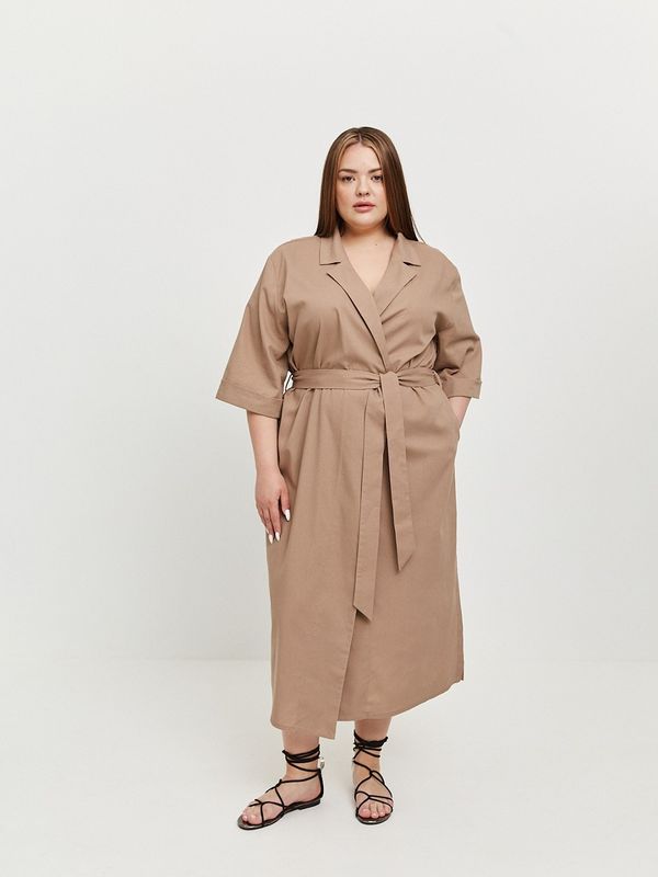 Платье-рубашка льняное с поясом, мокко